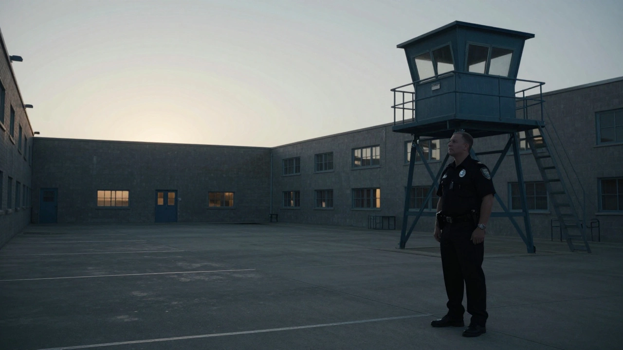 A correctional officer stands watch in a prison yard at dawn, surveillance cameras overhead.