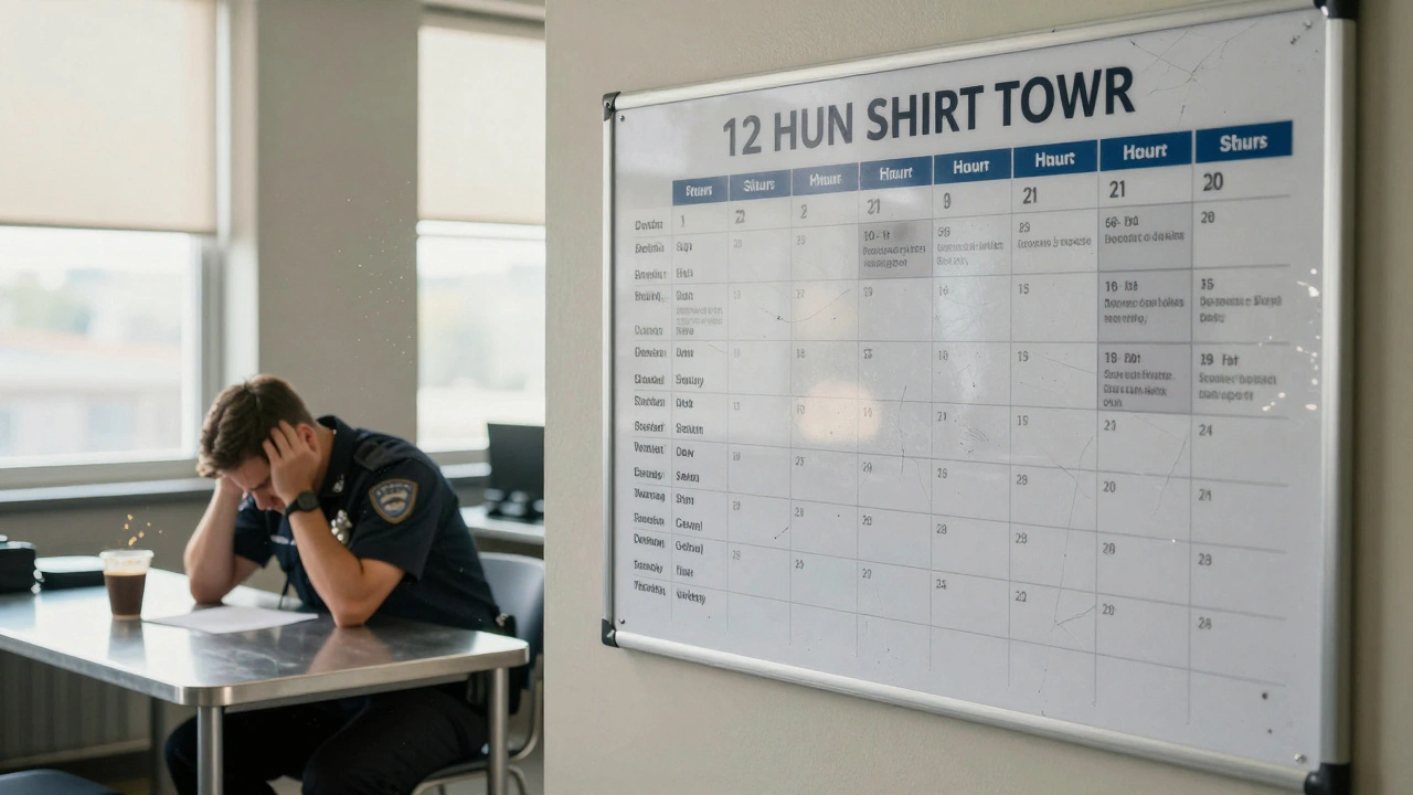 An exhausted officer sits at a break room table, staring at a shift schedule with coffee cup nearby.