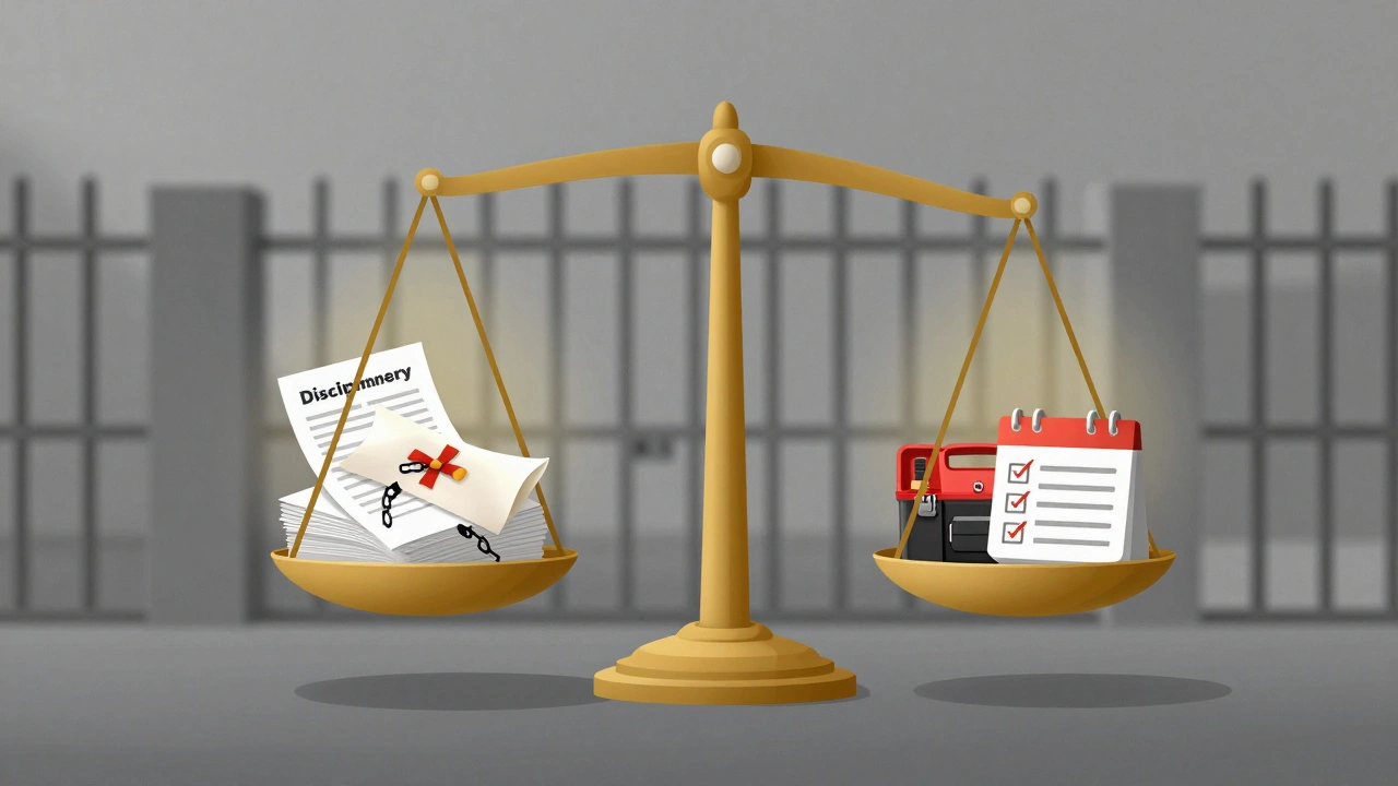 Balancing scale weighing negative behavior against positive program participation in prison.