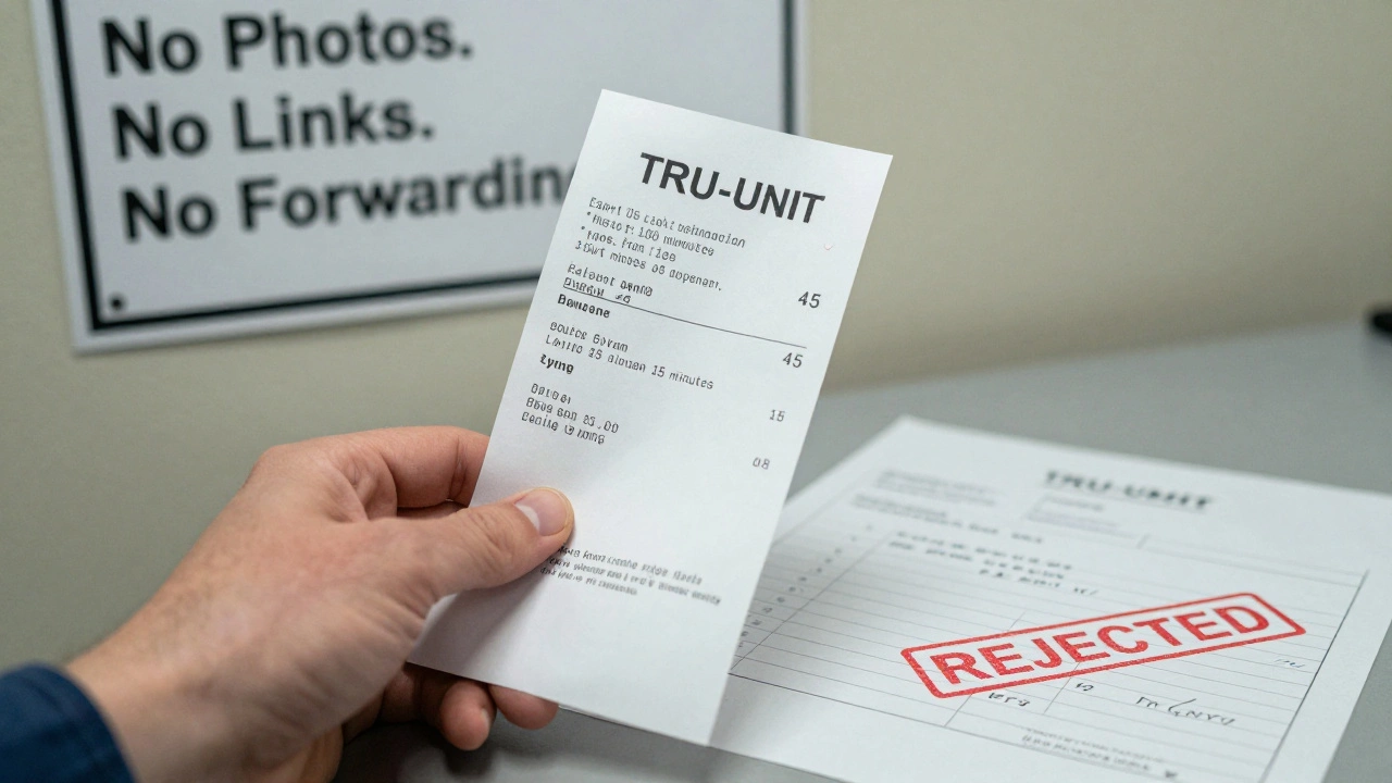 Inmate's hand holding a TRU-Unit receipt next to a rejected printed message with red stamp.