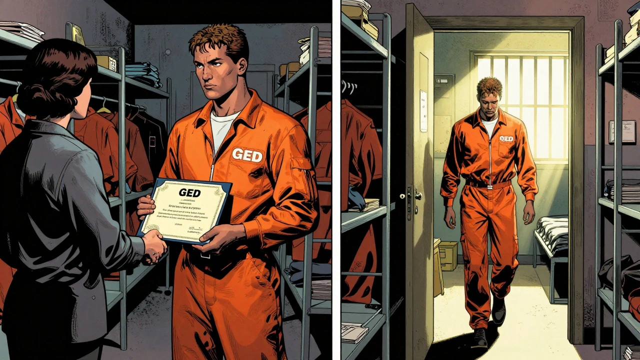 Inmate receiving a GED certificate and moving to a better housing unit in prison.