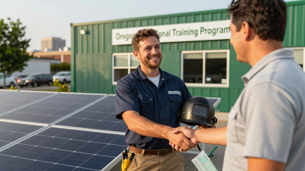 A formerly incarcerated man now works as a solar panel technician, shaking hands with his supervisor after release.