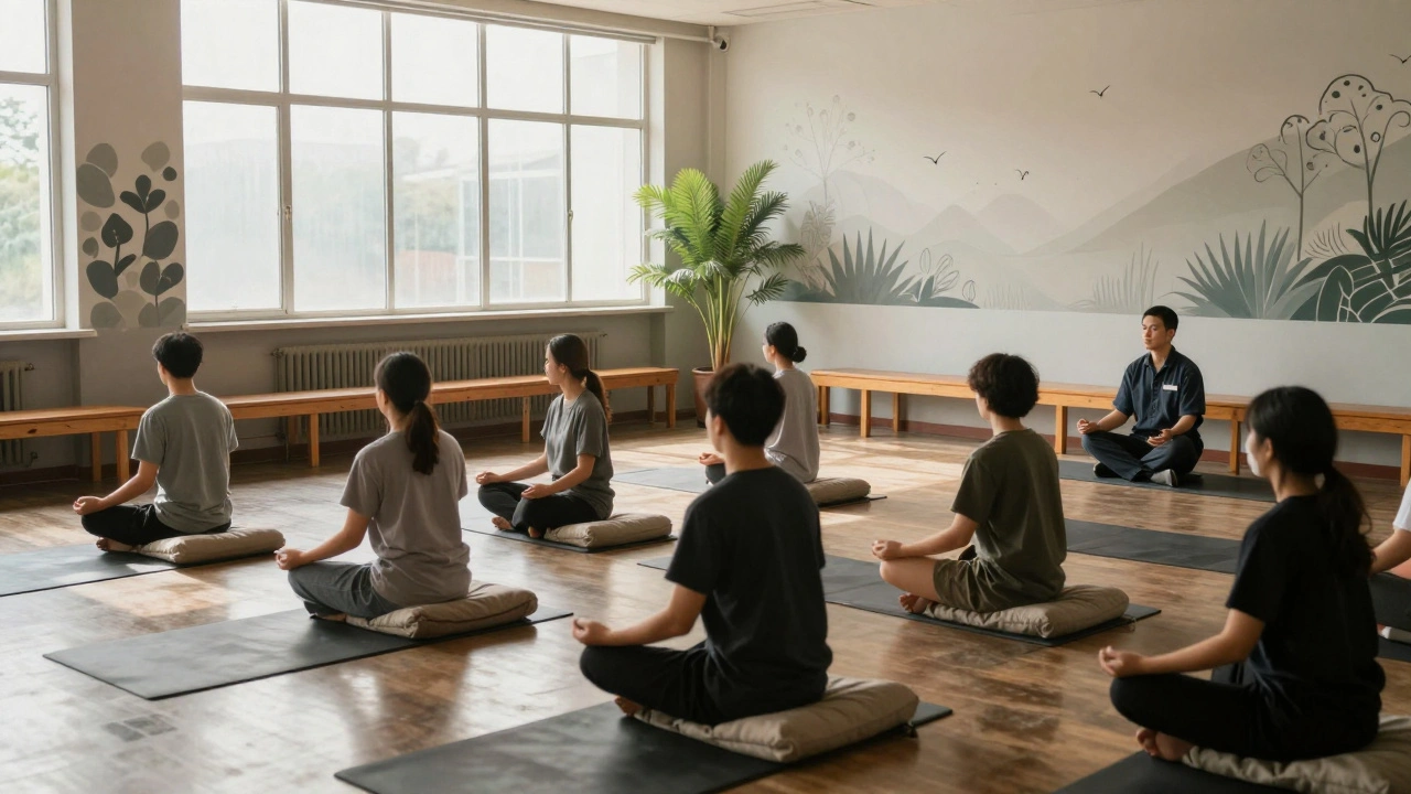 A group of inmates sit in mindfulness meditation on cushioned mats in a sunlit room, with wooden benches and a single plant, staff observing calmly nearby.