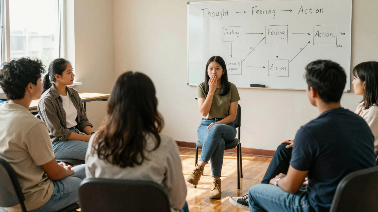 A group practicing CBT role-play in a community center, with diagrams on a whiteboard behind them.