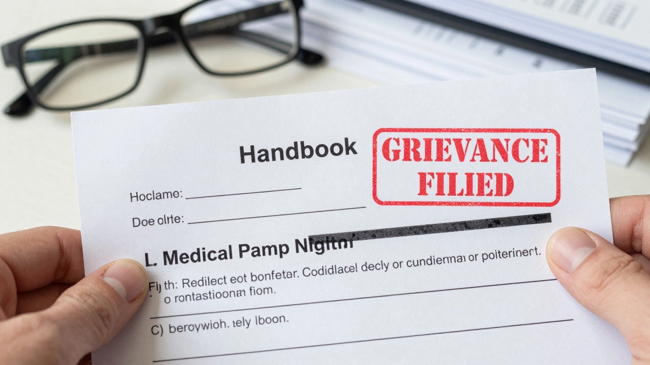 A printed legal complaint form from the Jailhouse Lawyer's Handbook with handwritten details and a 'GRIEVANCE FILED' stamp.