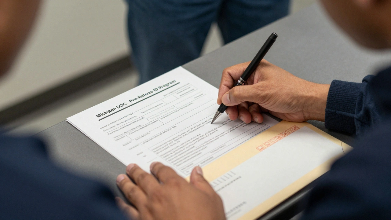 Case manager helping an inmate complete ID and birth certificate forms inside a prison office