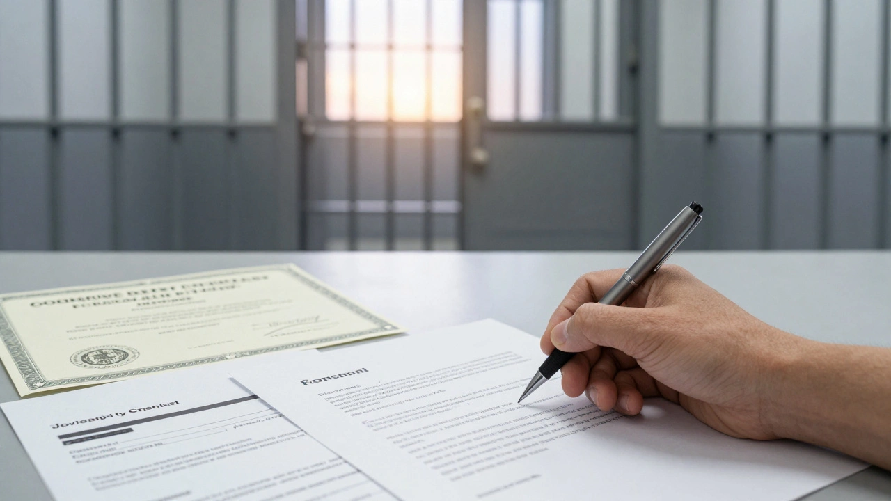 Hand signing a parole petition as dawn light enters a prison cell, symbolizing hope.