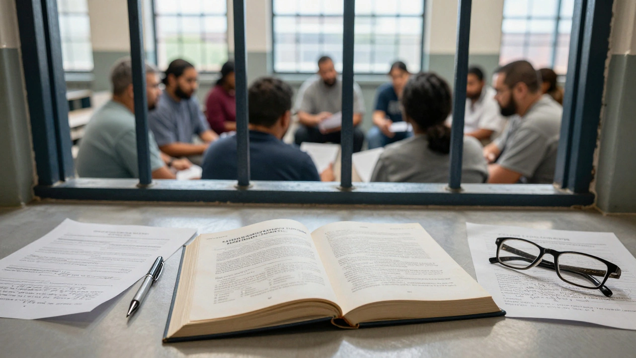 Incarcerated individuals learning from the Jailhouse Lawyer's Handbook in a prison library, one pointing to the text.