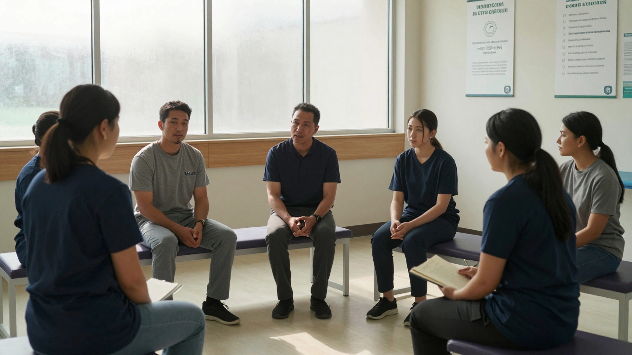 Inmates in a therapeutic community circle engage in group therapy, sharing openly in a calm, supportive environment.