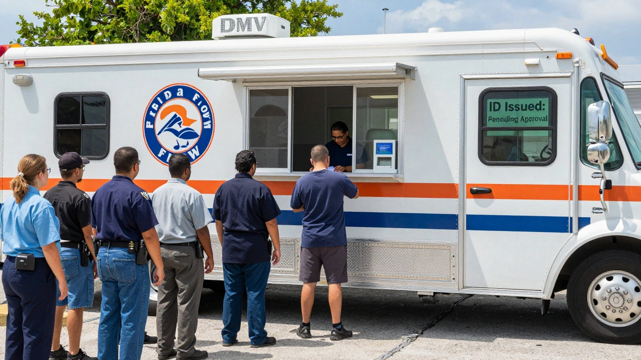 Mobile DMV unit parked at a prison, staff processing identification applications through a window