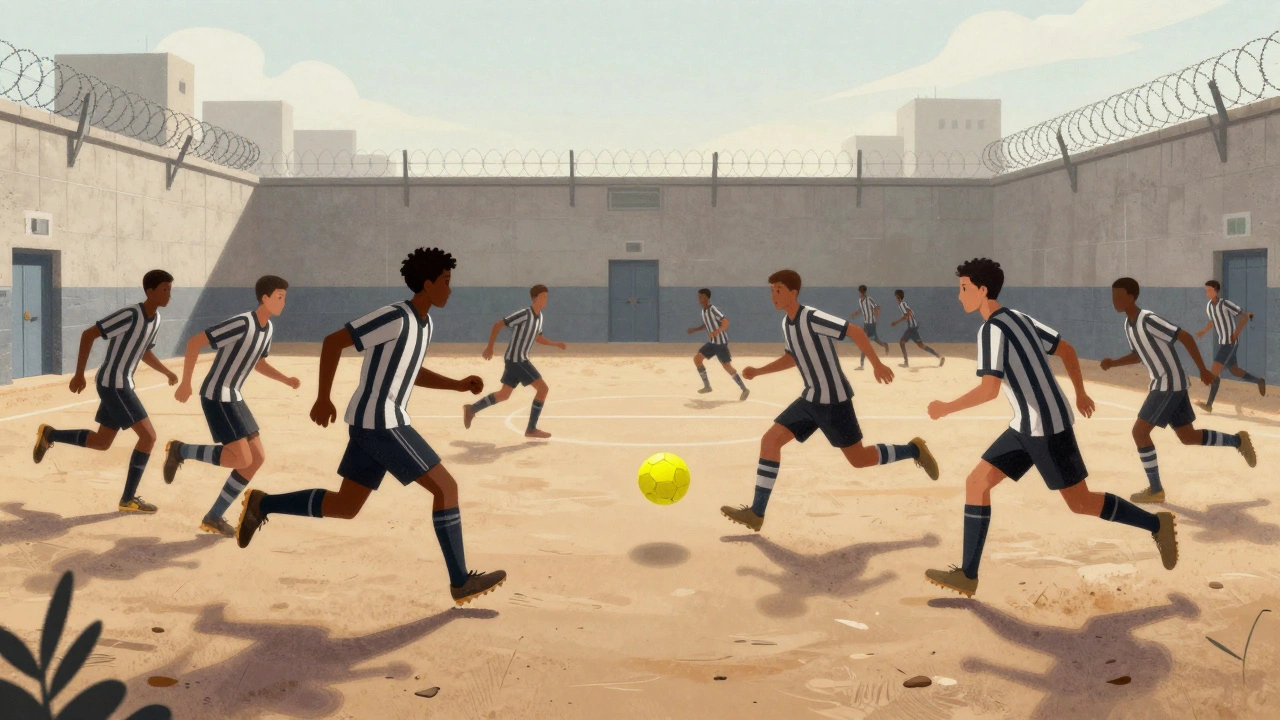 Prison inmates playing soccer across a dusty field, ball in motion between players from different backgrounds.