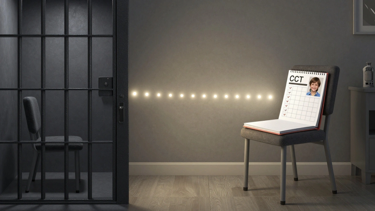 Split image: prison cell on left, modest apartment on right, connected by a path of light dots representing daily progress.