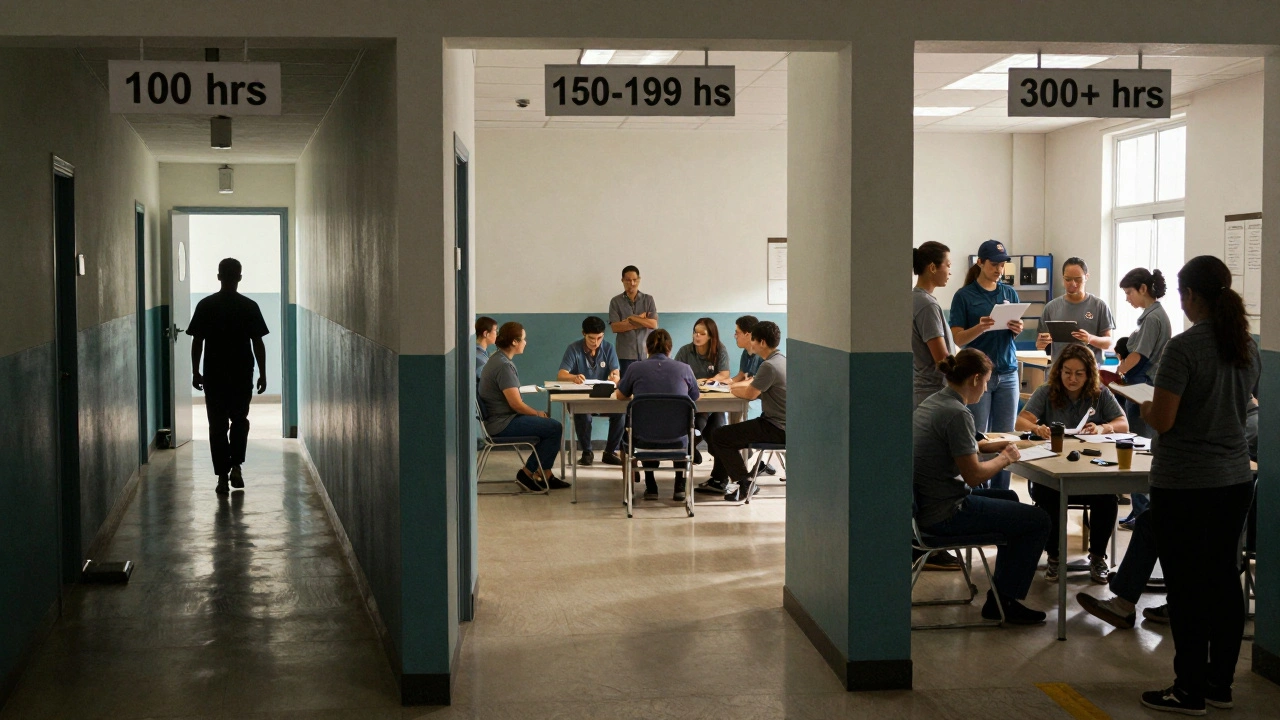 Three paths in a prison corridor showing different rehabilitation intensities for low, moderate, and high-risk offenders.