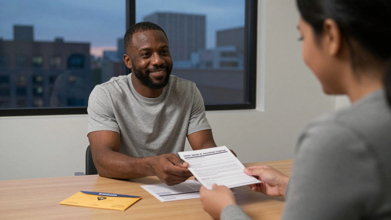 A formerly incarcerated man hands a job application to his peer mentor in a modest apartment, symbols of recovery visible.