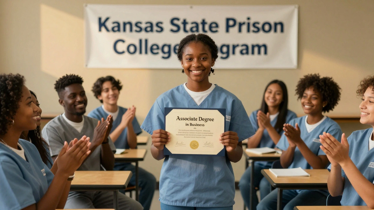 A formerly incarcerated woman holding her associate degree certificate amid celebrating peers.