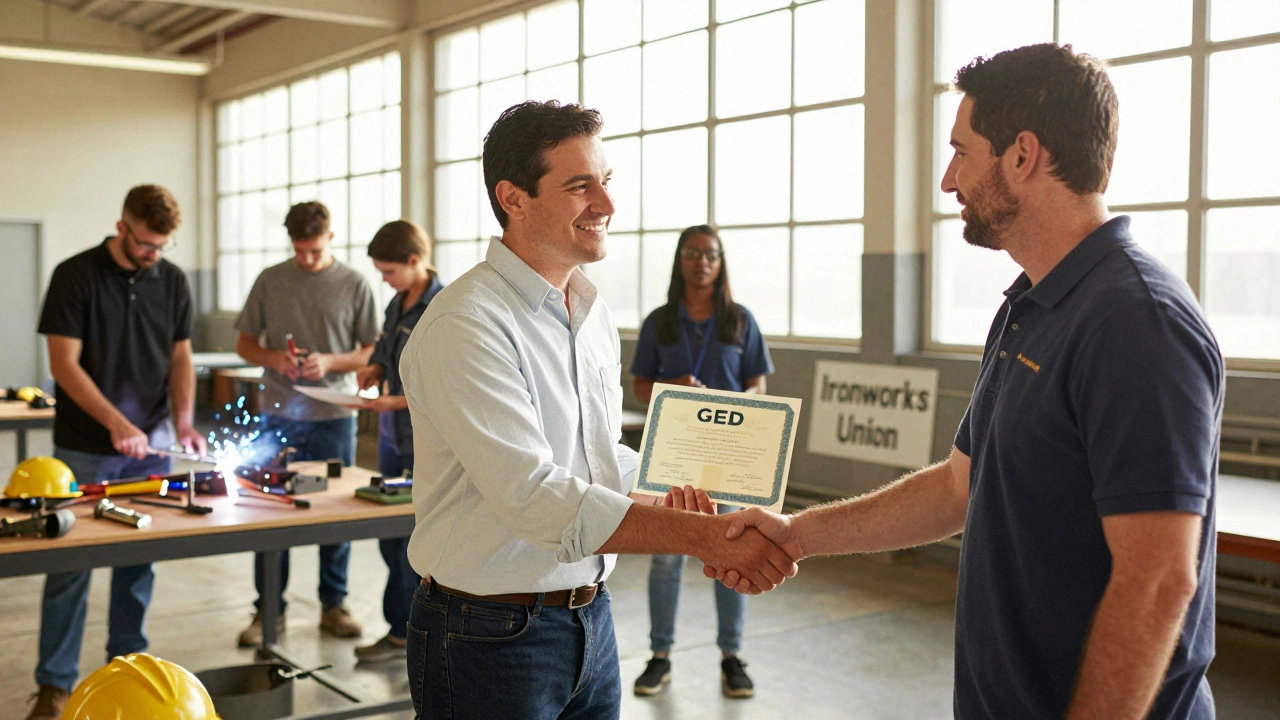 A graduate receiving a GED certificate while others train in a prison vocational workshop.