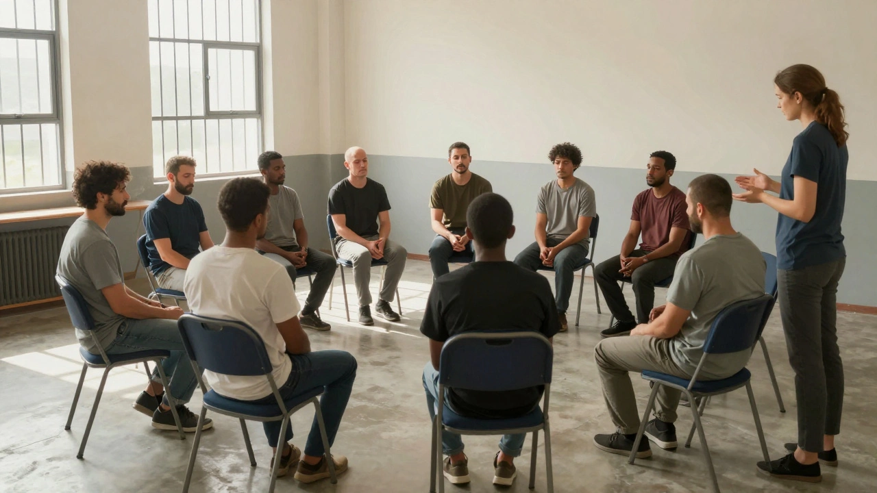 A group of incarcerated men in a secure room practicing mindfulness during a trauma-focused session.