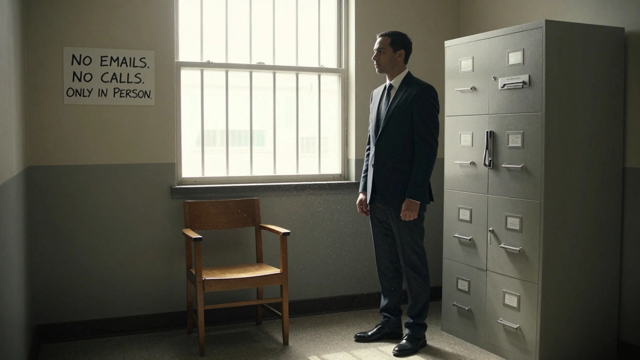 A lawyer stands in an empty room with a sign that says 'ONLY IN PERSON' for attorney-client communication.