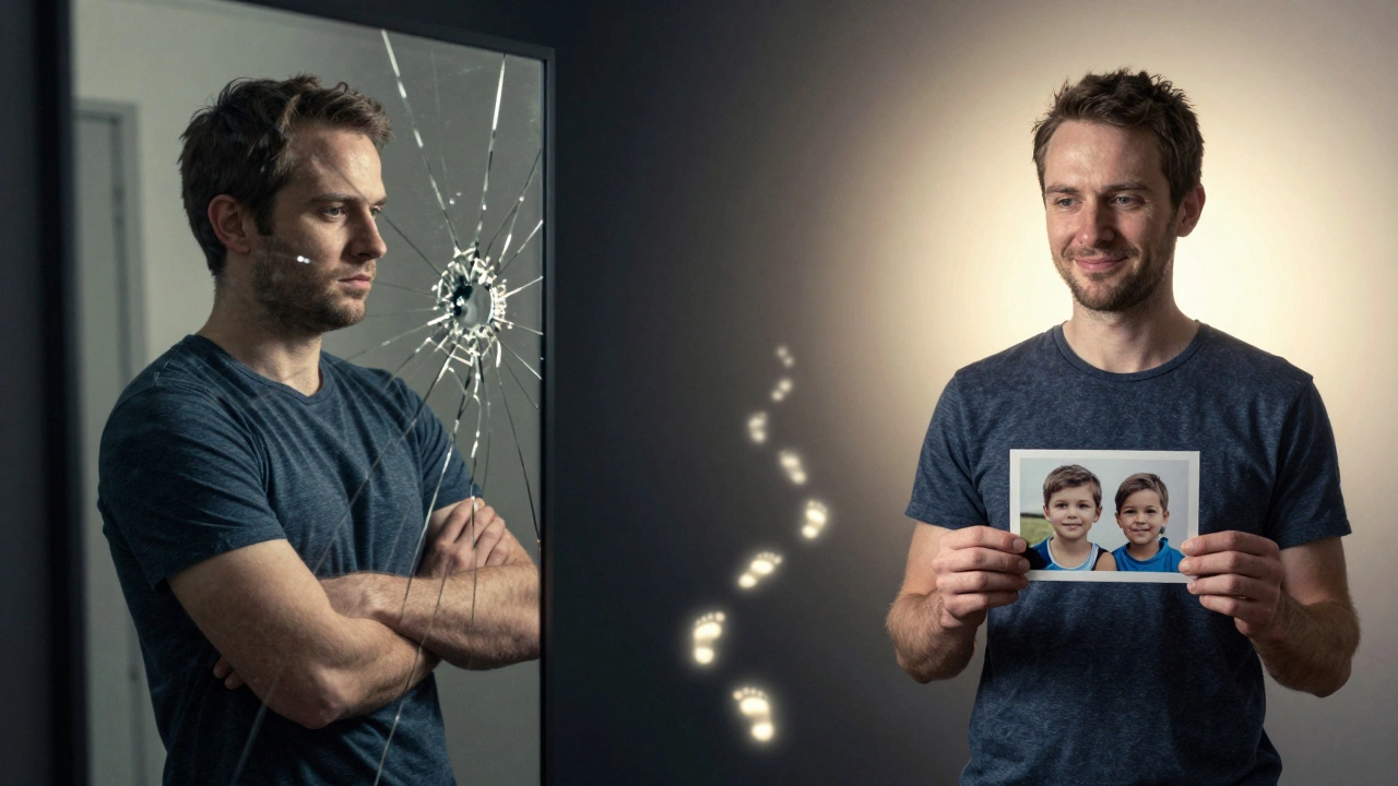 A man’s transformation from resistance to hope, shown through contrasting reflections and light.