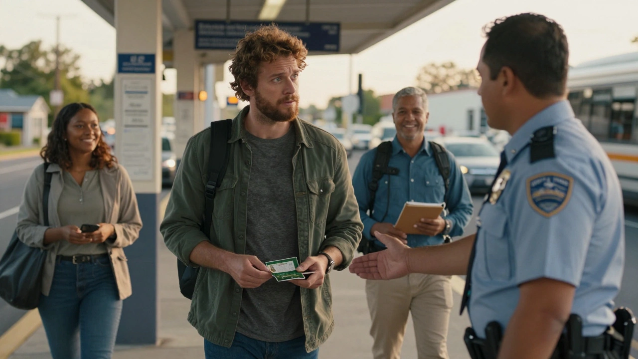A parole officer hands a bus pass to a formerly incarcerated man at a bus station, with peer navigator nearby.