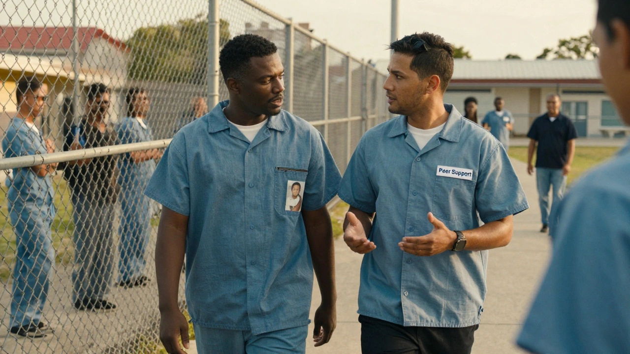 A peer mentor and inmate walking together during yard time, sharing a quiet moment of trust.
