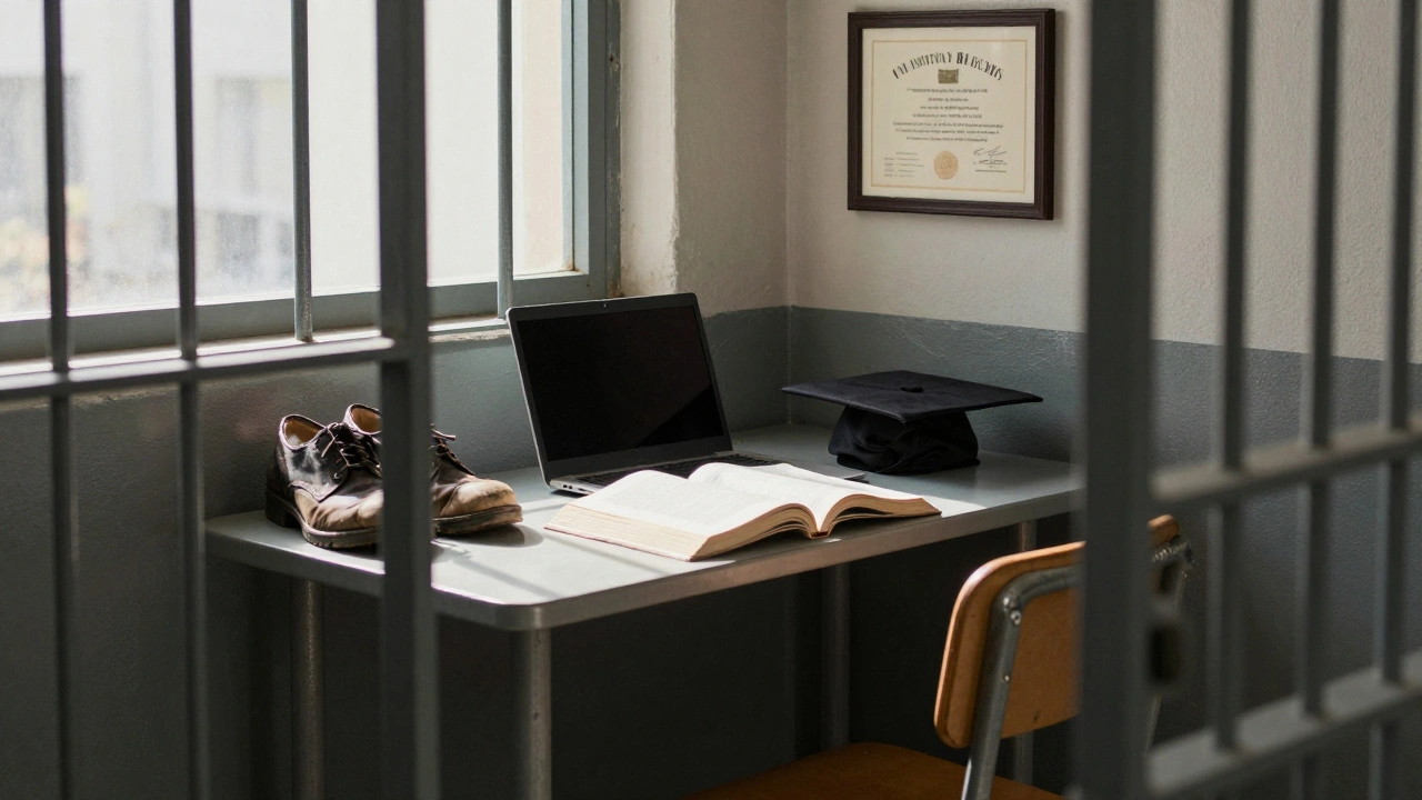 A prison cell transformed into a study space with a diploma on the wall and sunlight streaming through the bars.