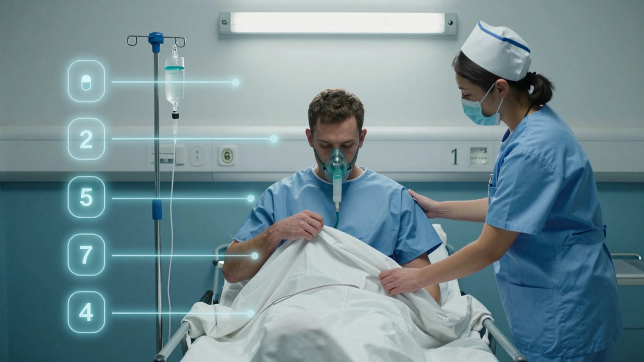 A prisoner receiving medical care in a prison ward, with visual cues representing four levels of health support.
