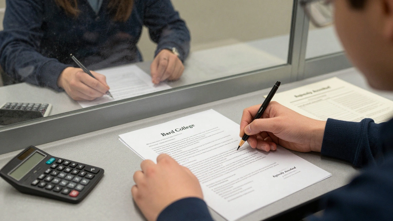 A prisoner submitting a college exam in a secure setting, with a Bard College syllabus and graded papers on the desk.
