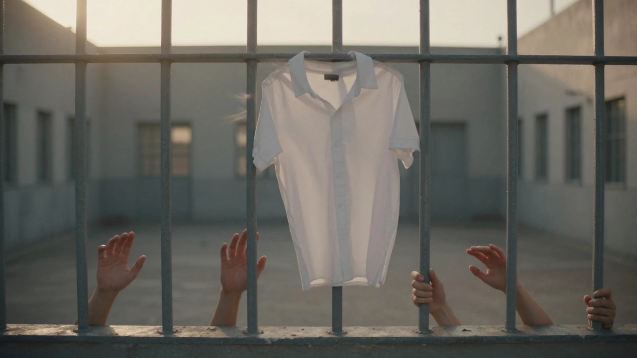 A single gender-affirming shirt hangs on a prison fence, symbolizing denied identity and hope.