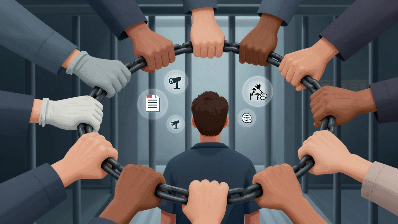 A symbolic chain of hands from staff and inmates forms a lifeline around a vulnerable person, representing integrated suicide prevention strategies.