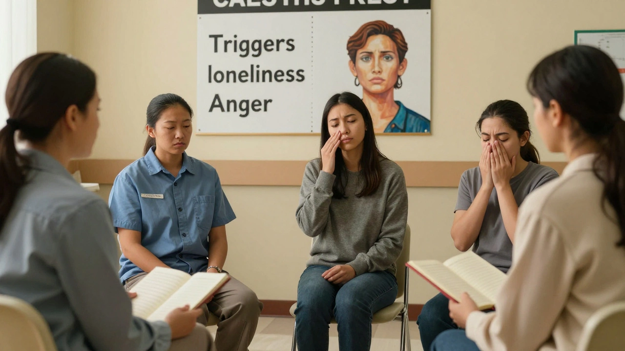 A therapist conducting CBT with women inmates in a correctional setting, focusing on emotional regulation and trauma-informed coping.