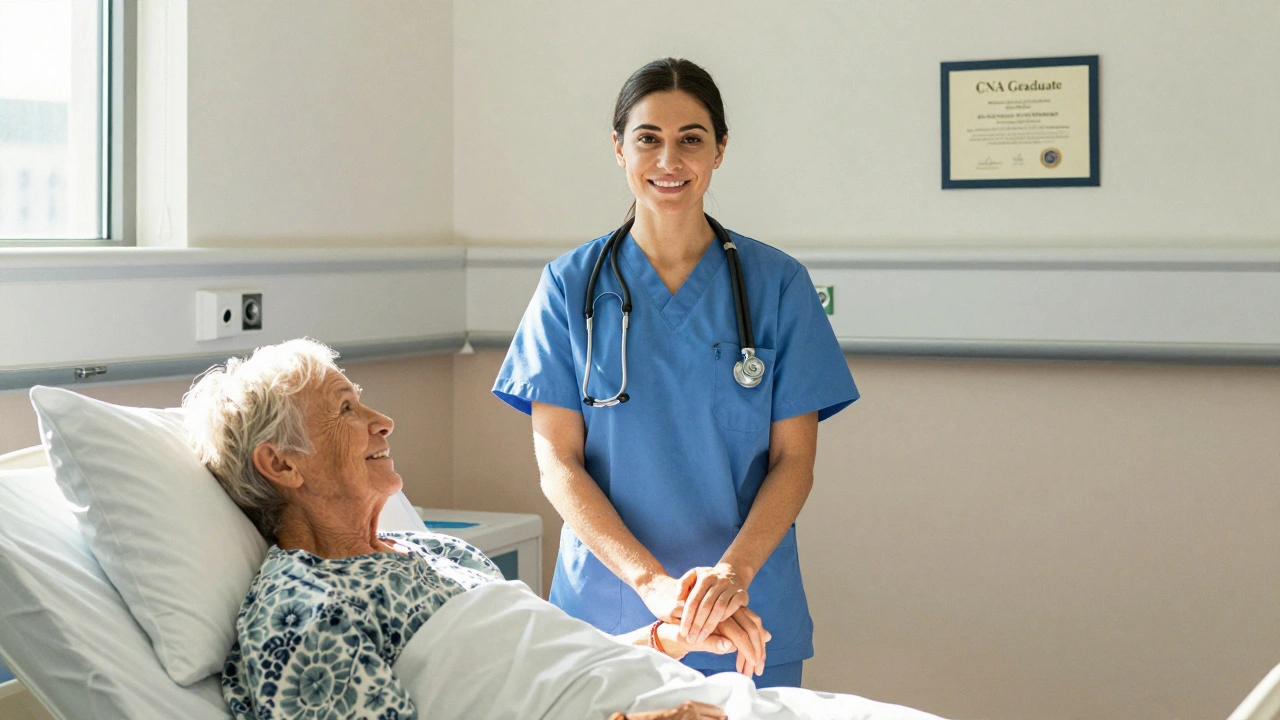 A woman in a nursing assistant uniform smiling as a senior patient holds her hand.