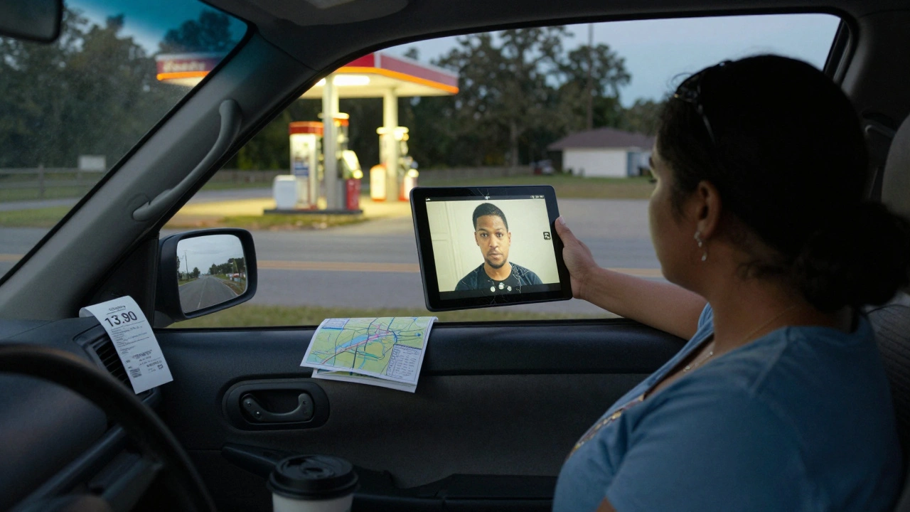 A woman stands by her car at dusk, holding a tablet showing a frozen video call, with a visitation receipt on the seat.