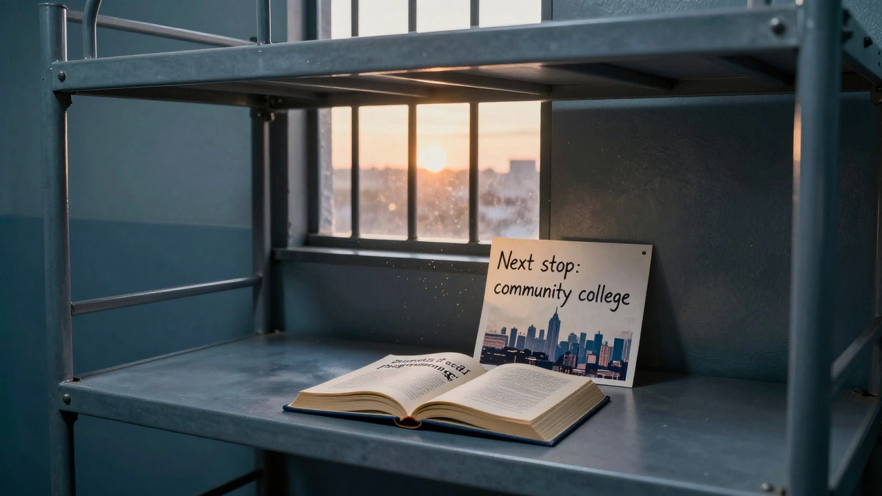 An empty prison cell with an open programming textbook and a note about continuing education after release.