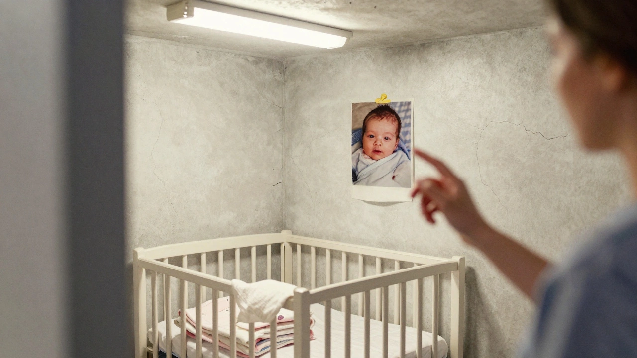 An empty prison nursery with a crib and a faded photo of a baby on the wall.