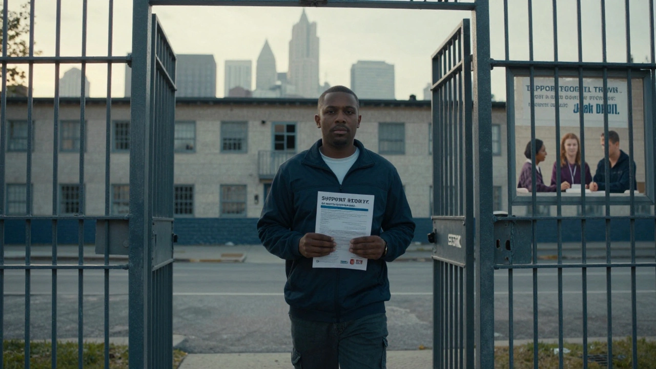 An ex-inmate exiting prison at dawn, holding a job application, symbolizing reintegration with community support beyond incarceration.