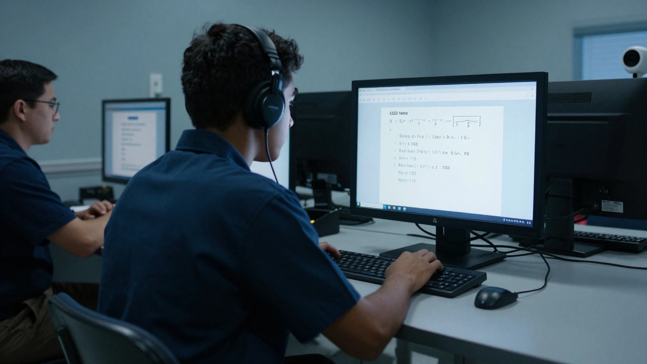 An incarcerated person taking the GED test on a secure computer with a proctor nearby.