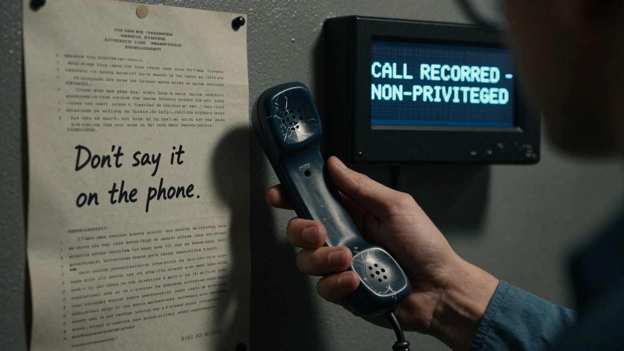 An inmate holds a prison phone as a screen displays 'CALL RECORDED - NON-PRIVILEGED' on the wall.