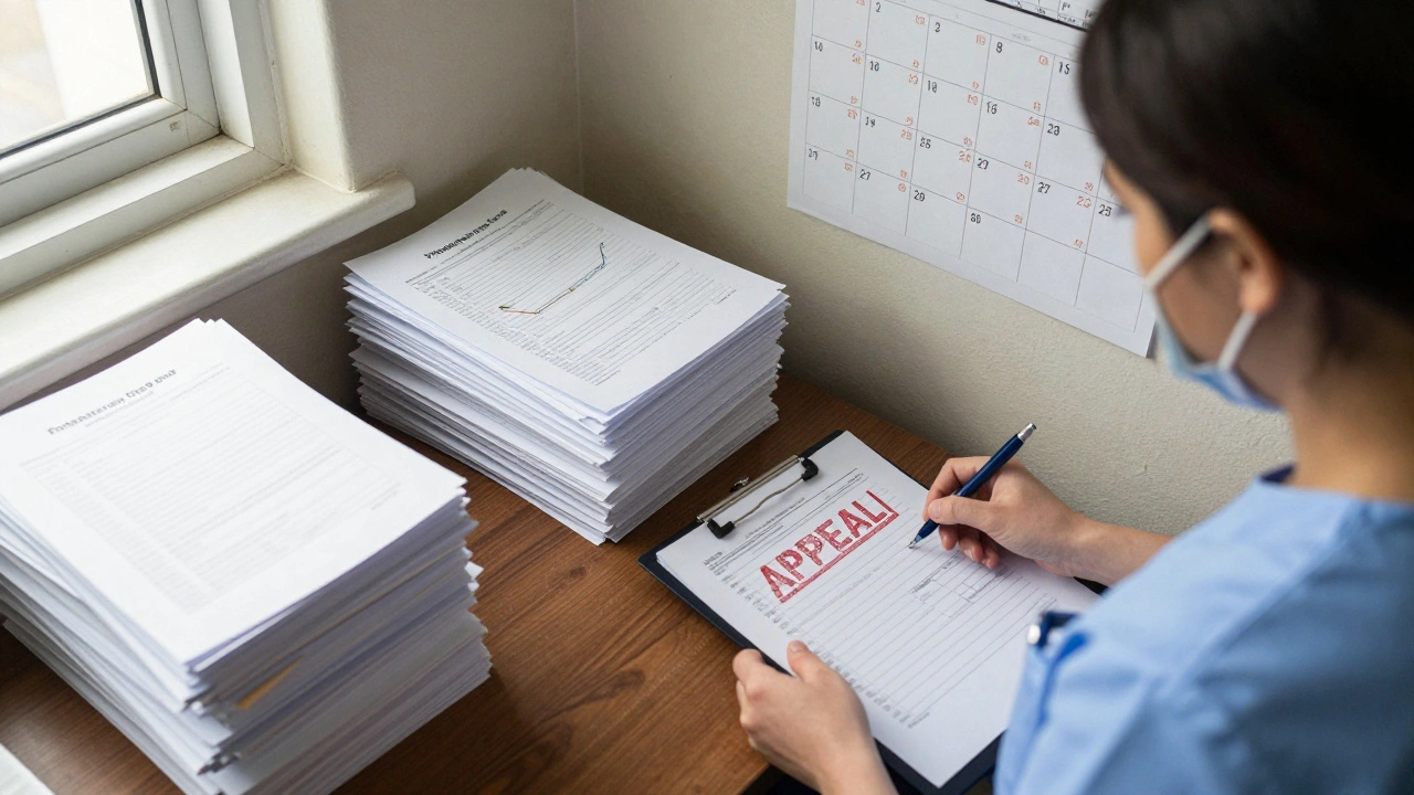 Correctional health office showing stacked grievance files and a nurse reviewing an appeal.