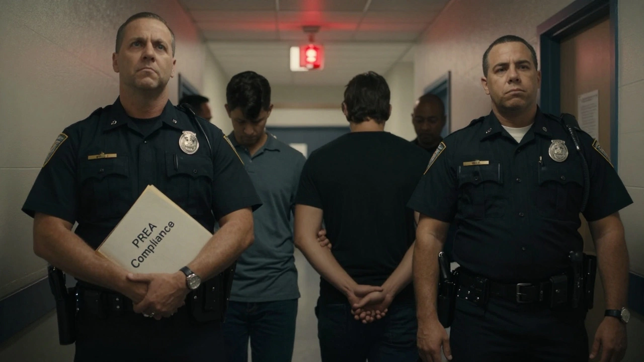 Correctional officers lead an inmate to solitary confinement while ignoring systemic policy failures.