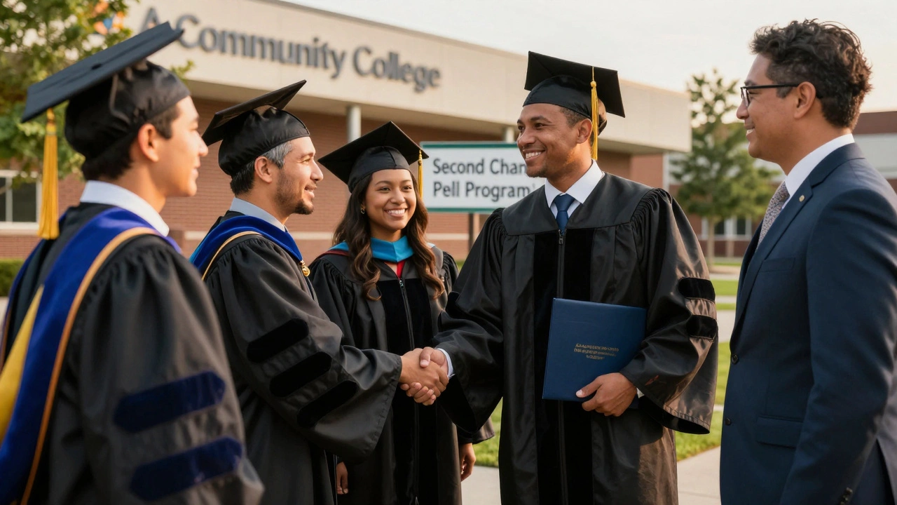 Formerly incarcerated graduates shaking hands with employers outside a college building.
