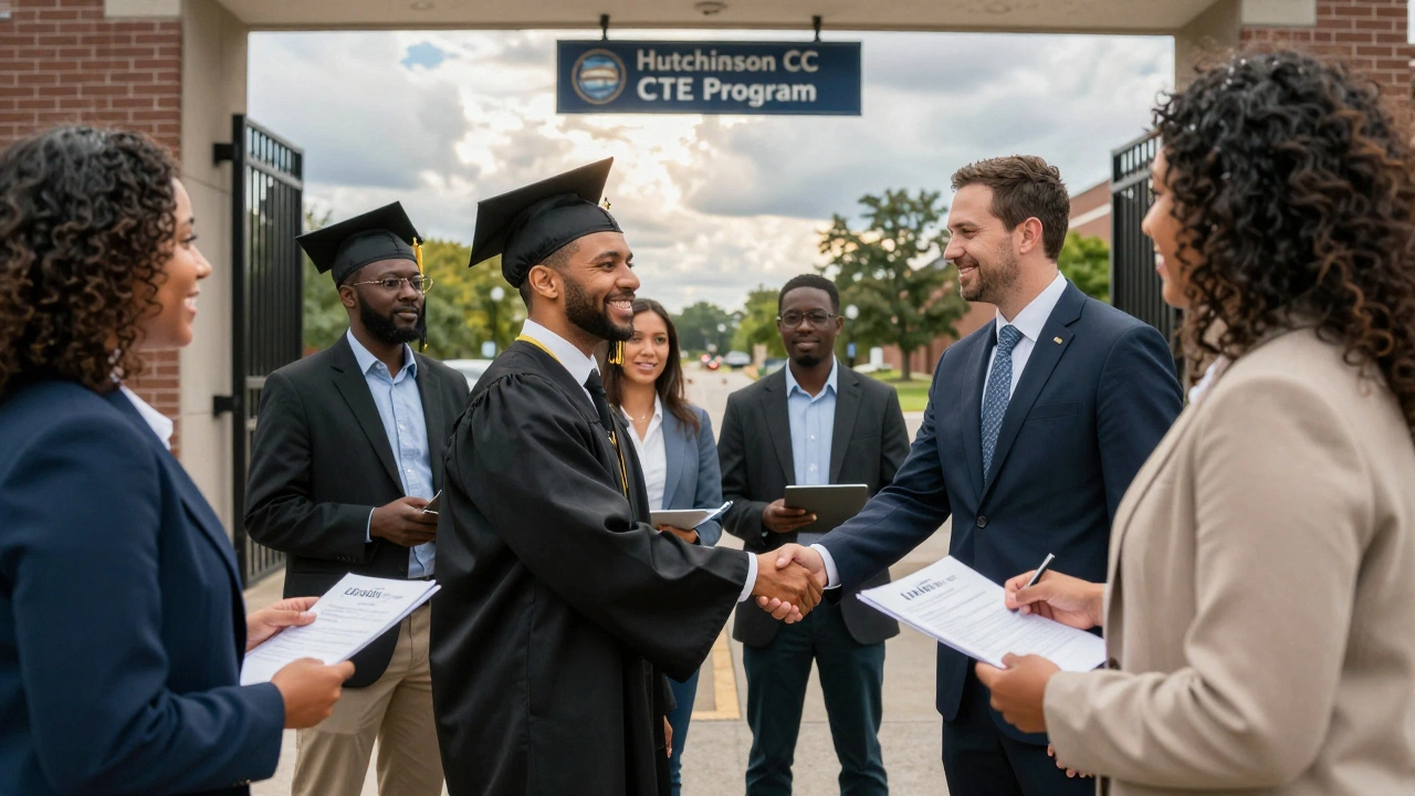 Formerly incarcerated graduates shaking hands with employers outside a community college, symbolizing reentry success.