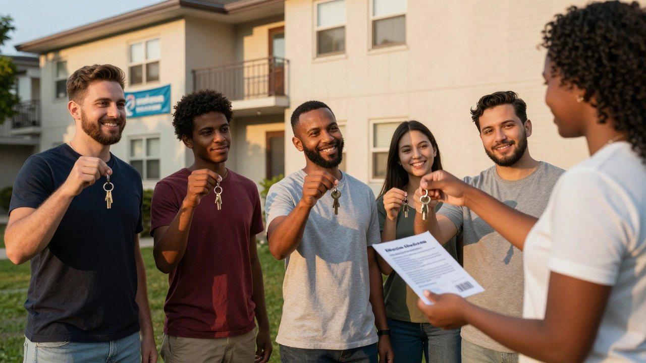Formerly incarcerated individuals receive keys to their new home with support from a case worker.