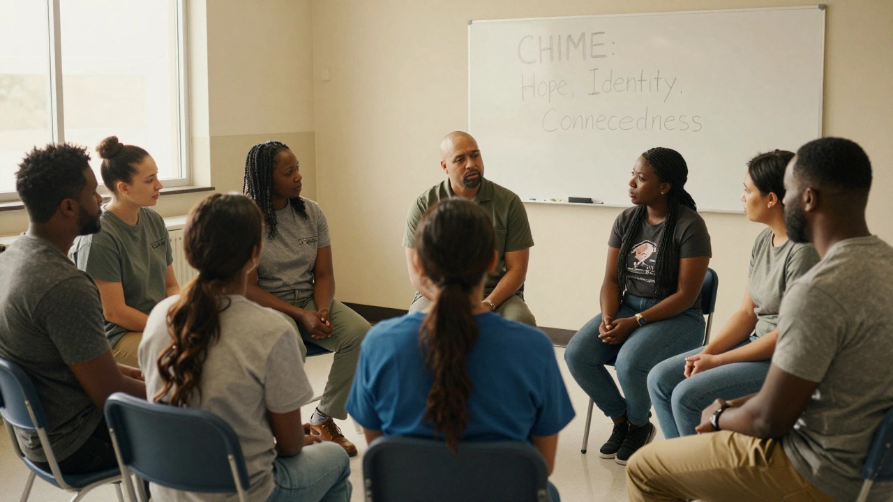 Incarcerated individuals in a therapy circle, one speaking as a peer mentor listens, warm light from high windows.