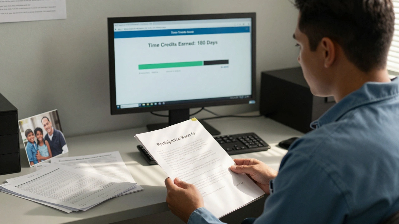 Inmate reviewing time credit records with a case manager in a prison office.