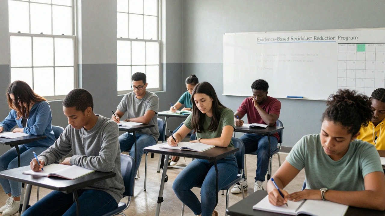 Inmates attending a GED class in a prison classroom with a whiteboard showing program details.