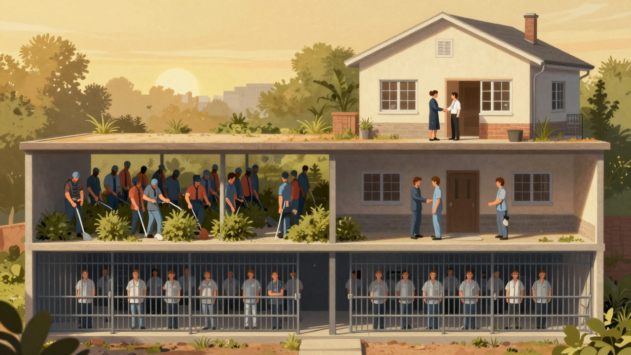 Inmates progressing through prison housing levels: from cells to work camp to re-entry center under golden light.