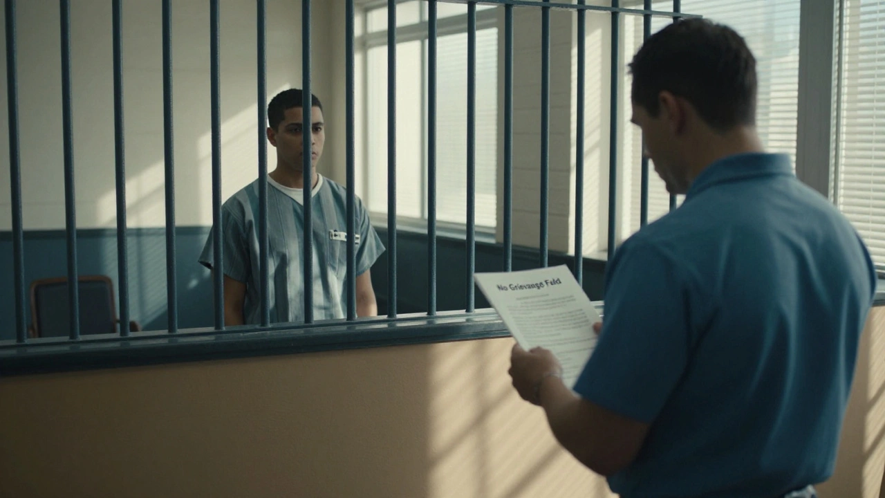 Prison official presenting lack of grievance filing in courtroom as inmate stands behind bars.