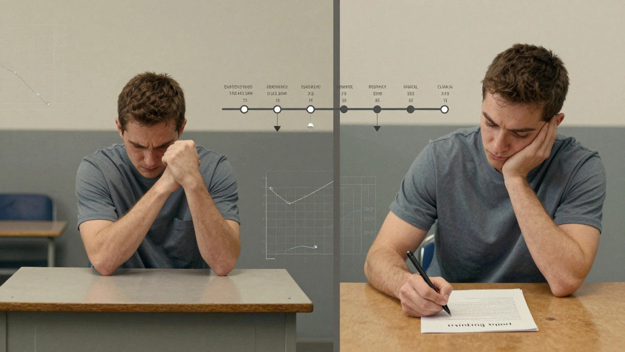 Split image showing an inmate's transformation from anger to reflection through cognitive therapy.