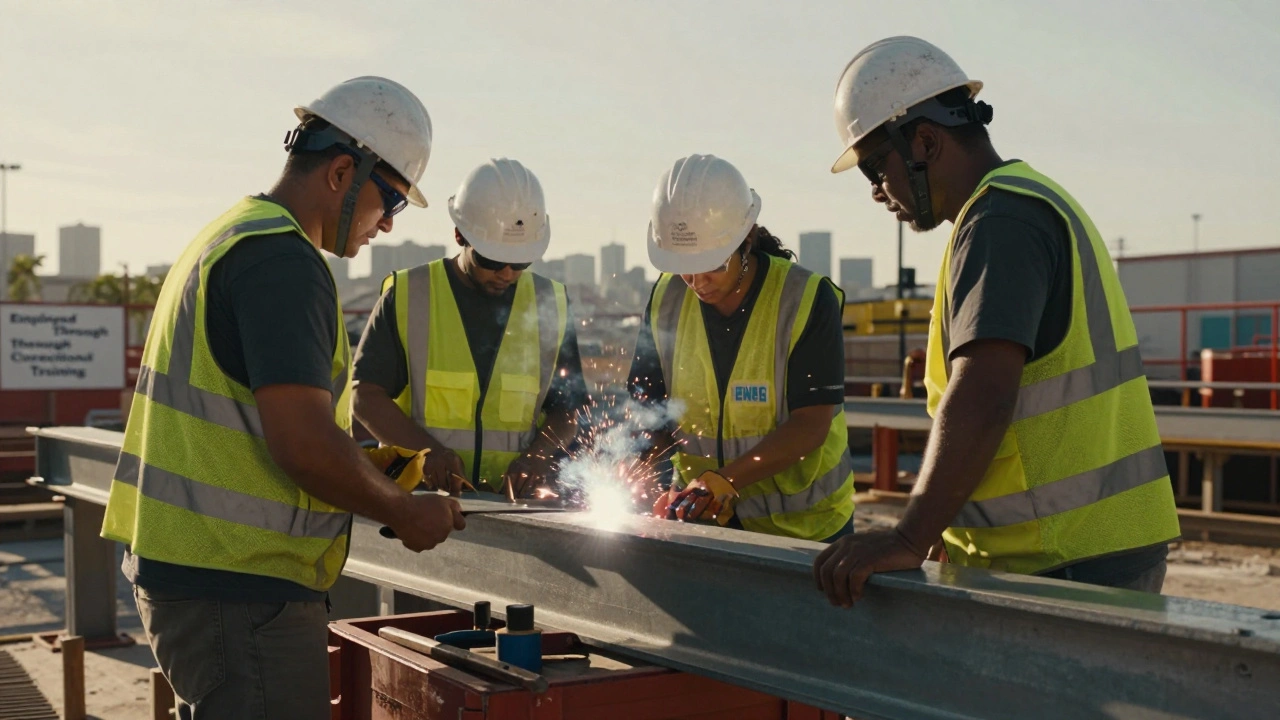 Three workers welding steel beams on a construction site at sunset, wearing hard hats.